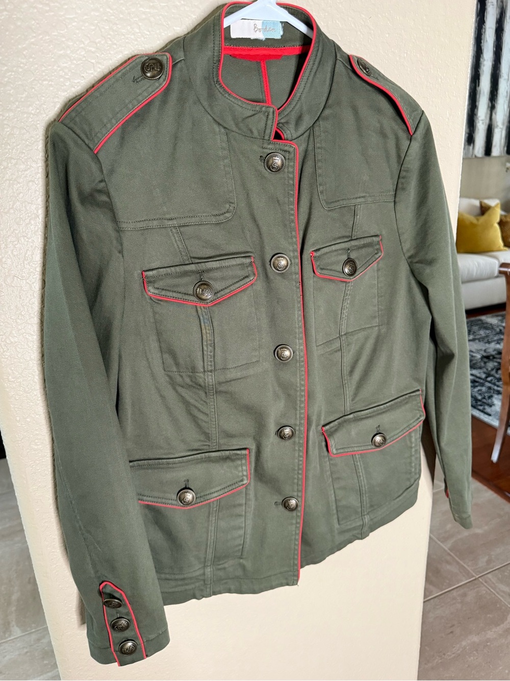 Boden Olive Green Military-Style Jacket with Red Piping